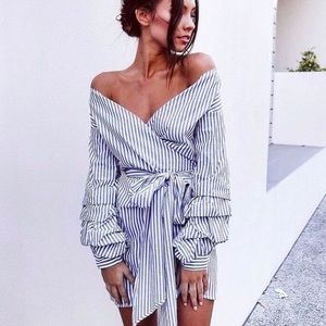 Blue and White Stripe Off Shoulder Wrap Dress