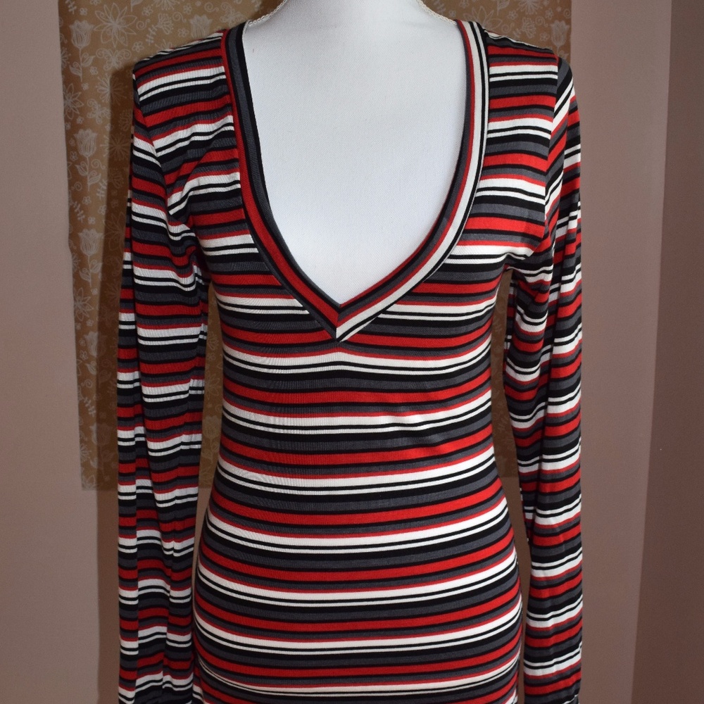 Women's V Neck Striped Long Sleeve Tee Shirt Dress