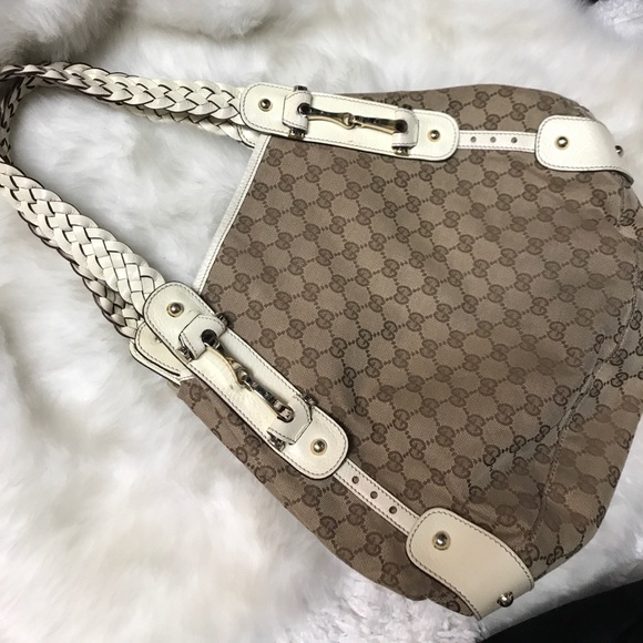 🤍 Gucci Canvas w Cream Braided Leather Hobo LG🤍 - Picture 1 of 4