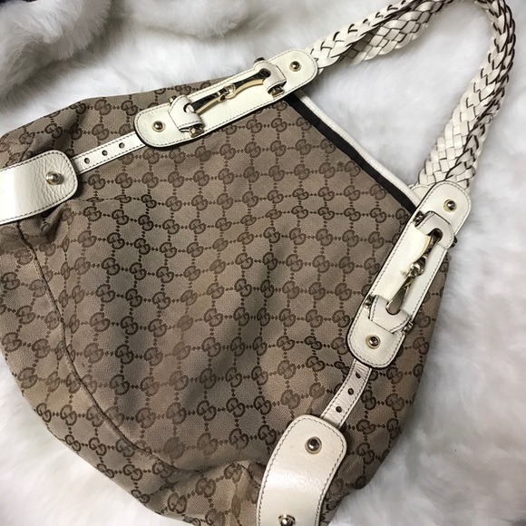🤍 Gucci Canvas w Cream Braided Leather Hobo LG🤍 - Picture 2 of 4