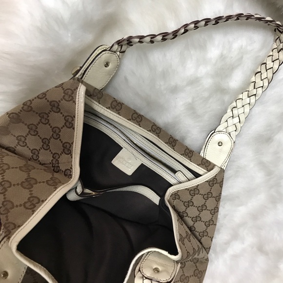 🤍 Gucci Canvas w Cream Braided Leather Hobo LG🤍 - Picture 3 of 4
