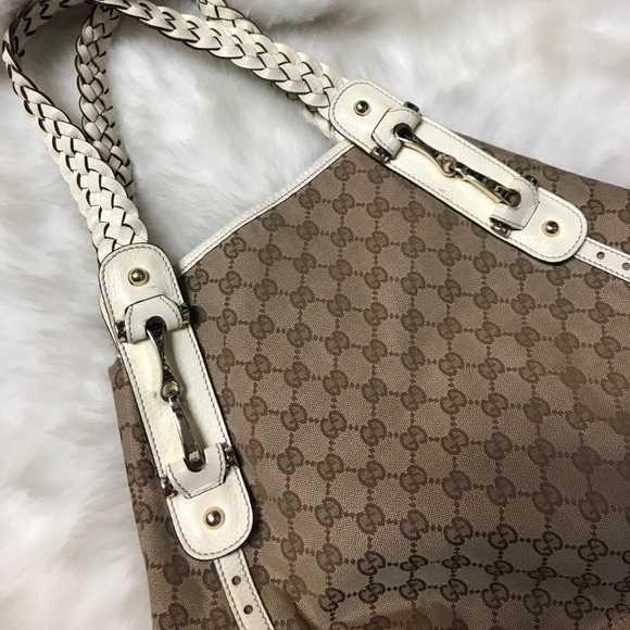 🤍 Gucci Canvas w Cream Braided Leather Hobo LG🤍 - Picture 4 of 4