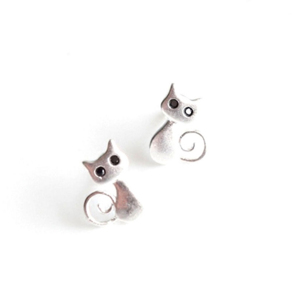 Silver Toned Cat Stud Earrings