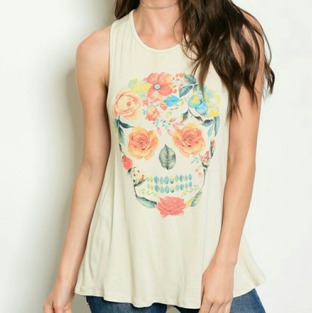 New Junior's Cute Boutique Floral Skull tank top