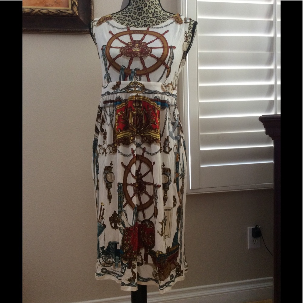 🌟HERMÈS🌟 Paris Silk Scarf Print Dress Nautical Motif Ship Wheel Anchors Vintage