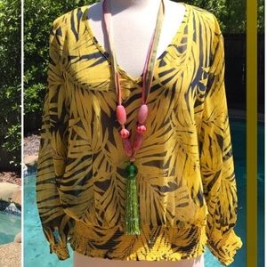 H&M yellow/black palm leaf see thru blouse