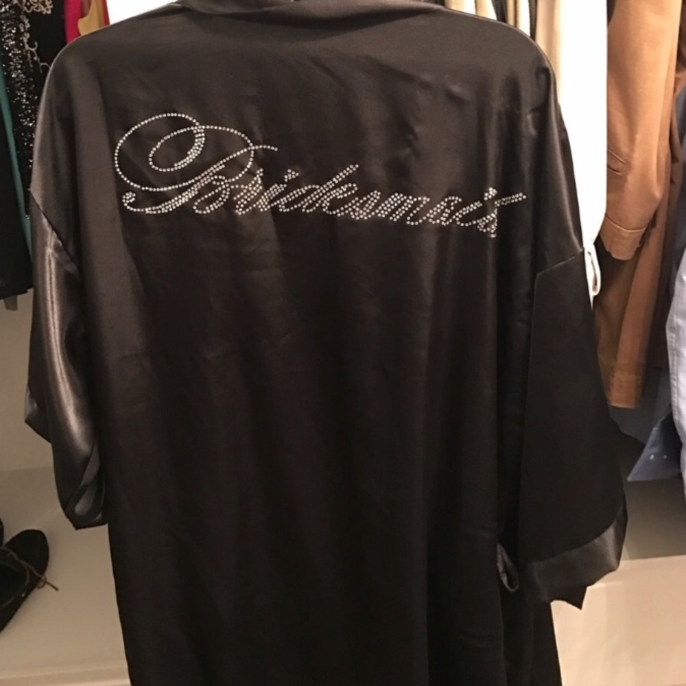 Silk black bridesmaids robes with rhinestone back
