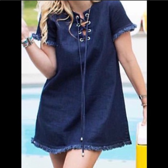 denim dress with frayed hem