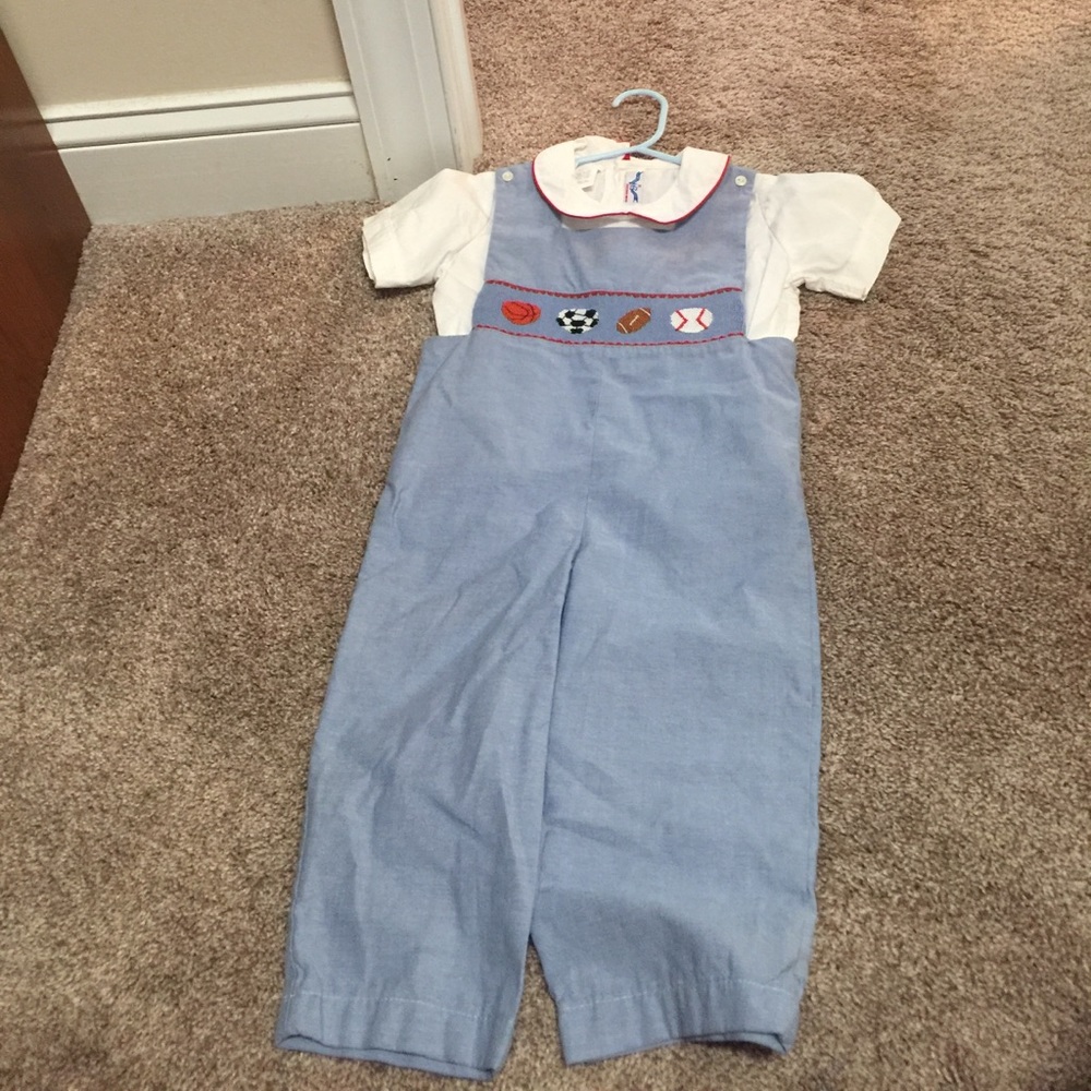 Hand Smocked Long John John & Shirt with red trim