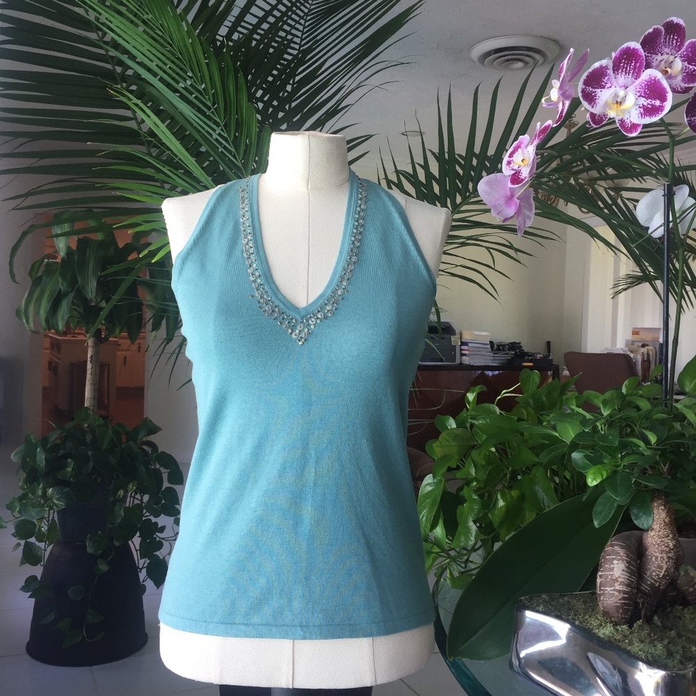 NY & Company Aqua blue beaded halter top