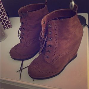 Brown lace up wedge booties