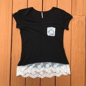 Poof! black tee with white lace details 🖤
