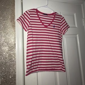 Small White & Pink Striped Polo V Neck Tee