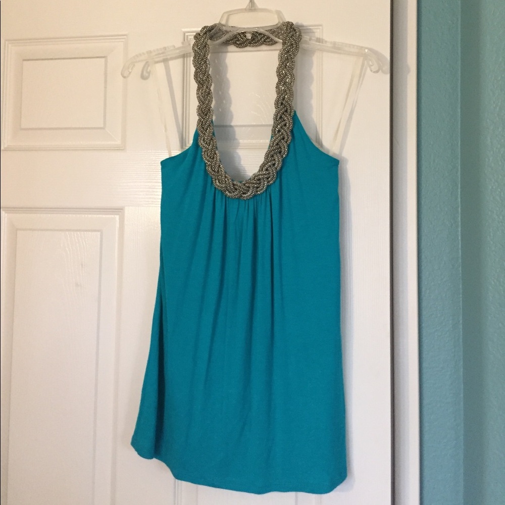 Teal Chain Embellished Flowy Halter Top