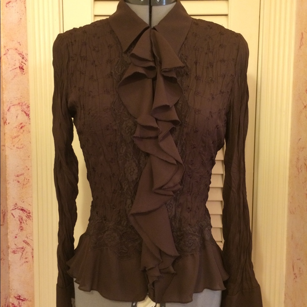 Allison Taylor brown ruffle front blouse