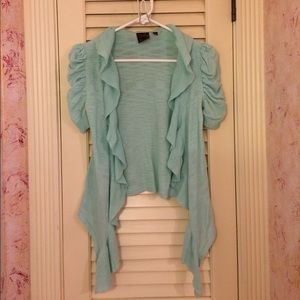 Aqua ruffle gather sleeve sweater shrug