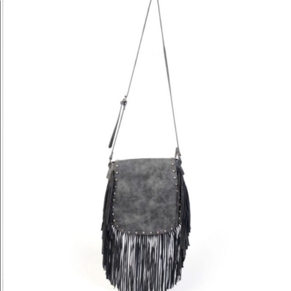 Shiraleah Grey Crossbody fringe Boho studded bag