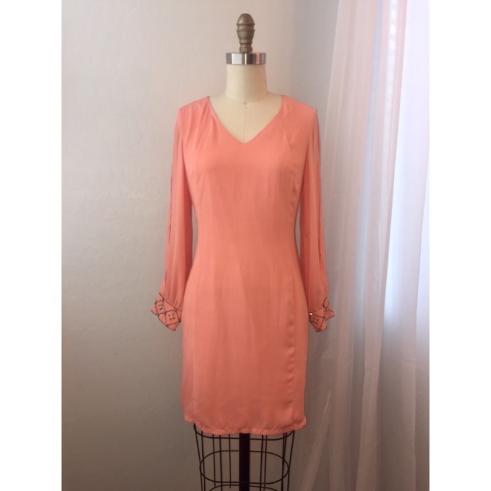 Long Sleeve Beaded Cuff Coral Dress
