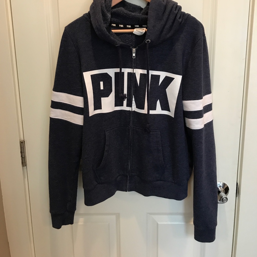 Navy and white PINK hoodie sweatshirt.