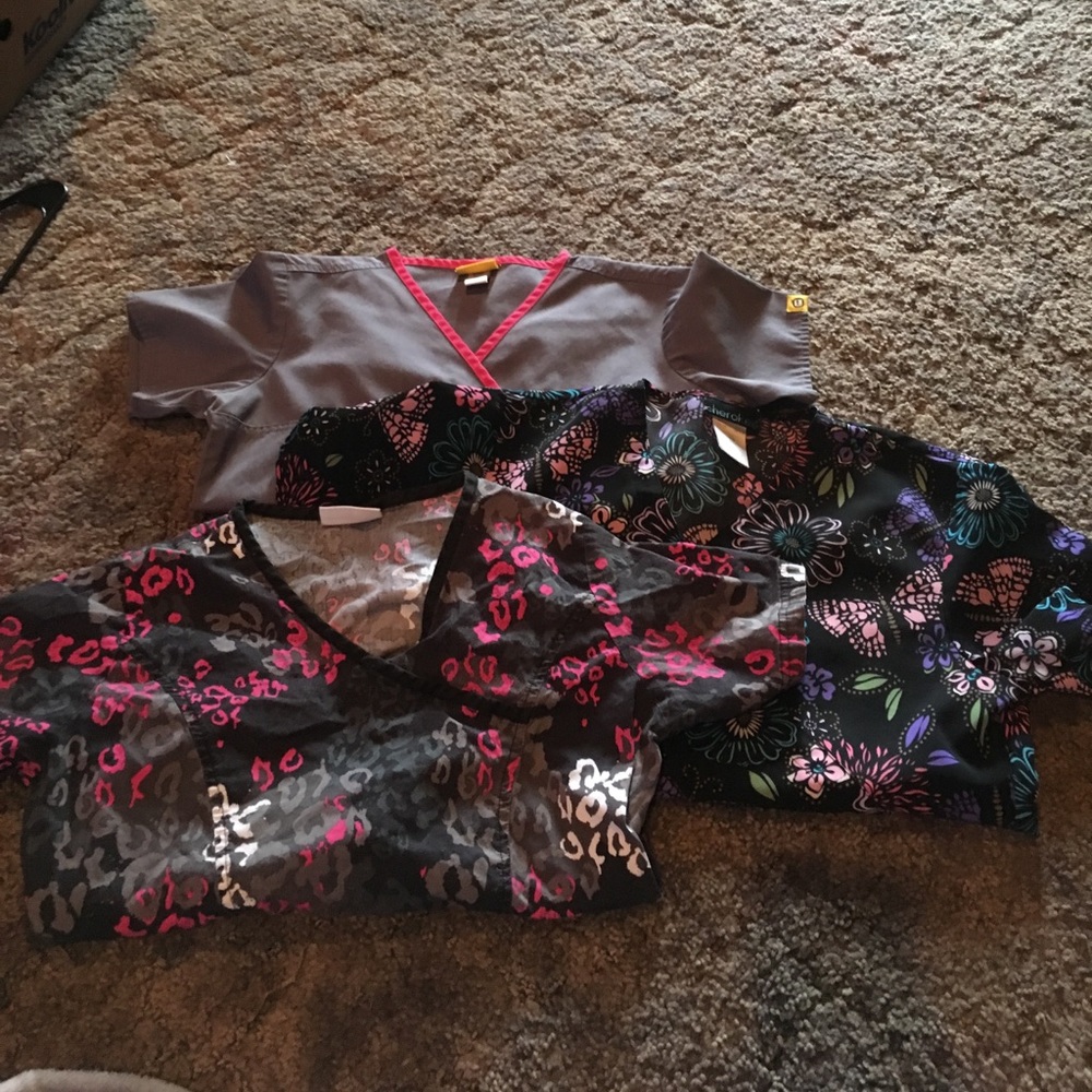 three XS scrub tops