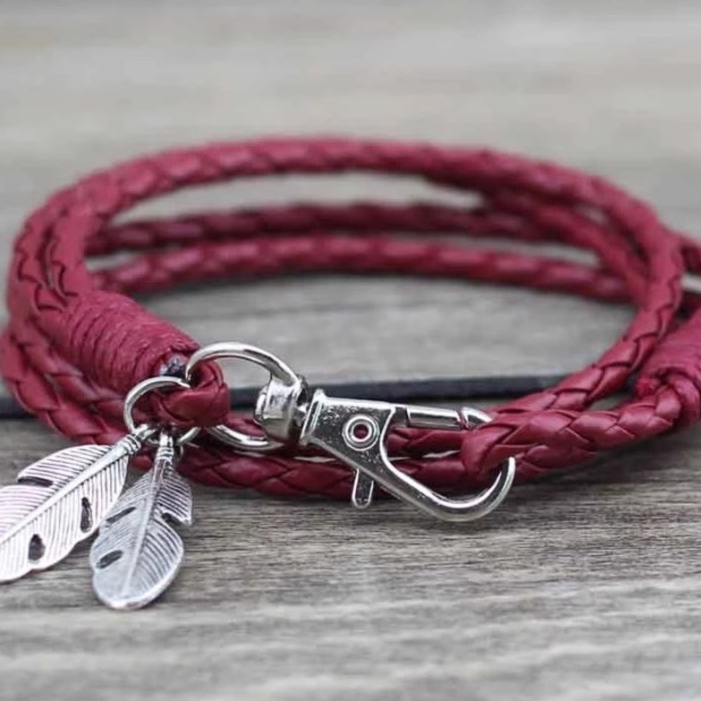 WINE 🍷 RED Bohemian leather wrap feather bracelet