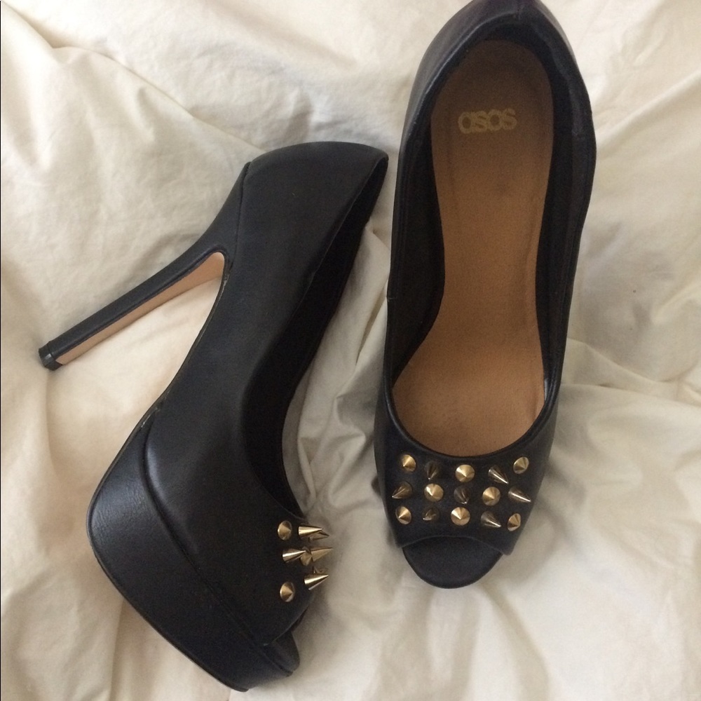 Asos studded peep toe pump heels black leather