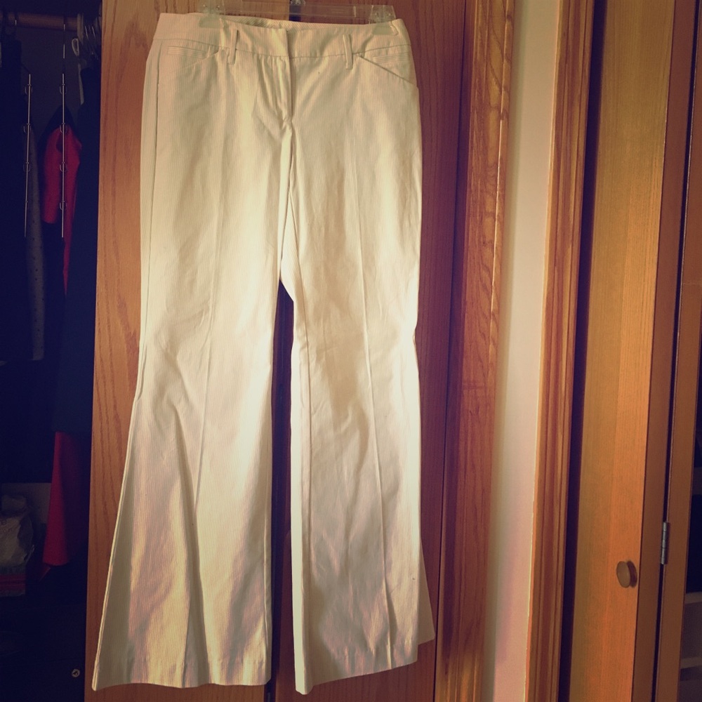 Fitted and flared Khaki and white pinstripe pants