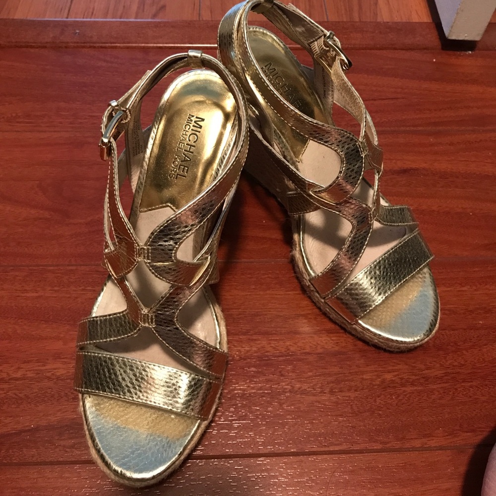 Michael Kors gold leather wedges