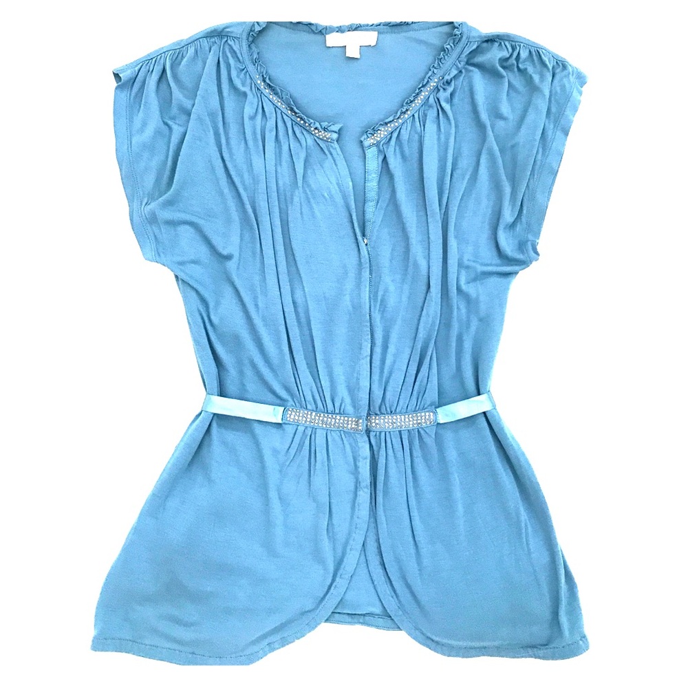Blue rhinestone cap sleeve v-neck peplum top Small