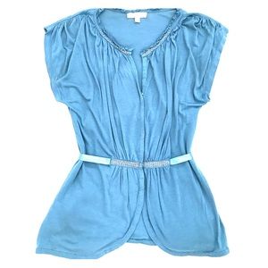 Blue rhinestone cap sleeve v-neck peplum top Small