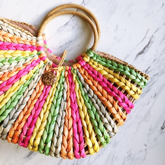Straw Studios Handbags - Straw Colorful Basket Tote Bag