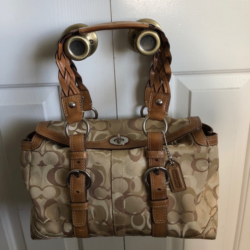 🛍 COACH brown/ tan leather & khaki large purse