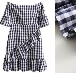 Gingham off the shoulder ruffle dress