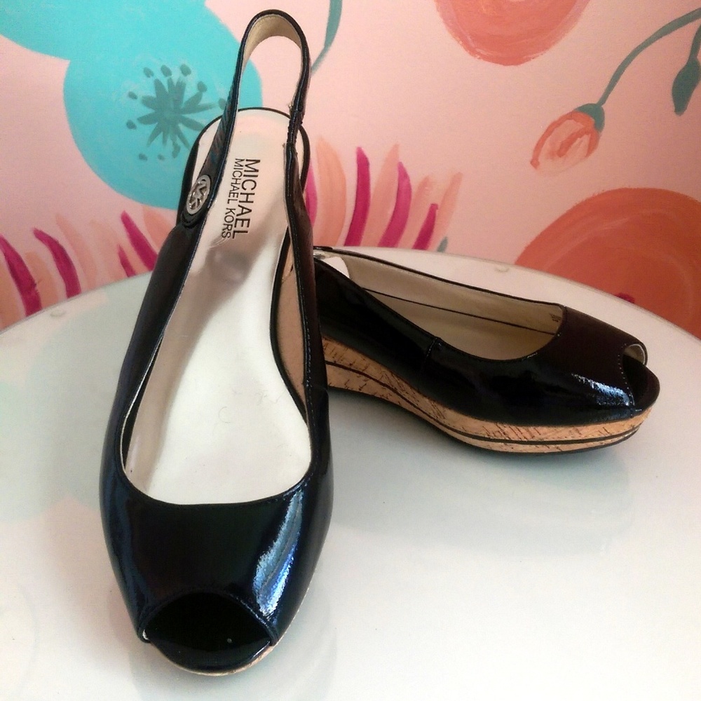 MICHAEL KORS Black Patent Peep-Toe Cork Shoes