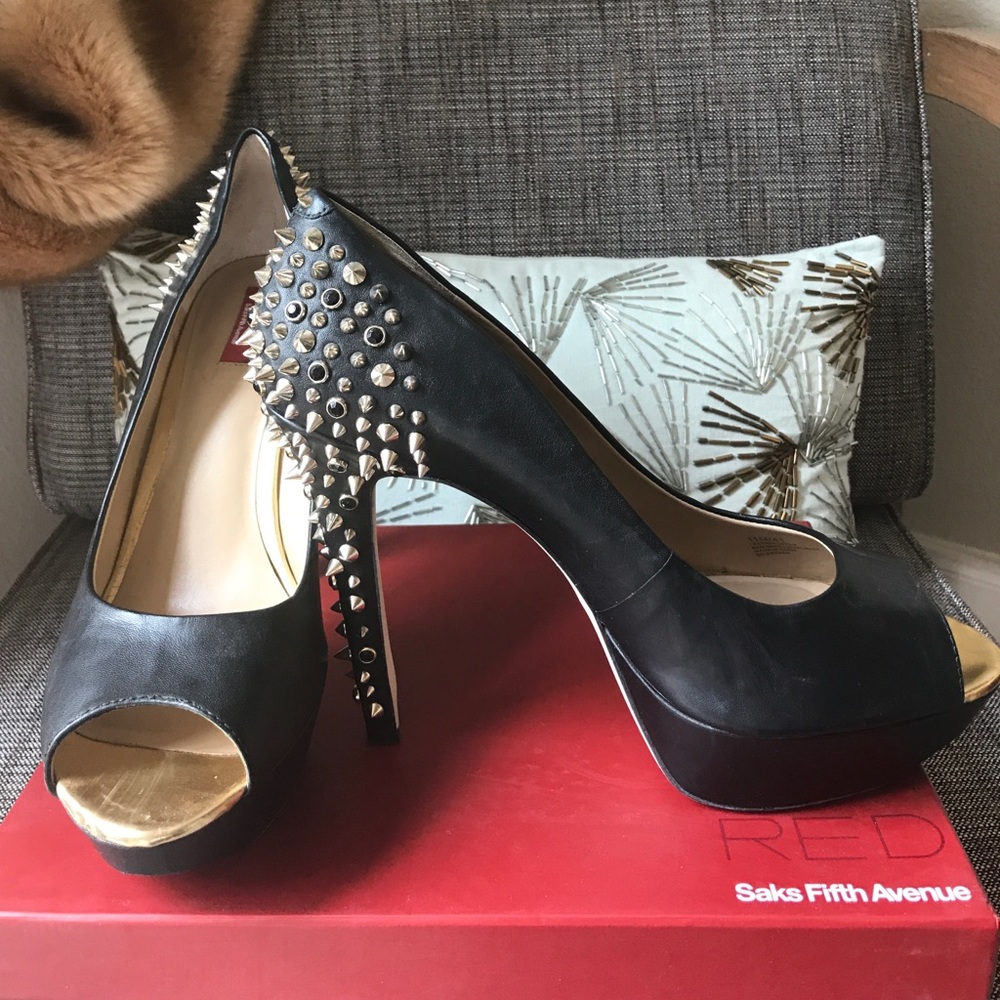 Saks Fifth Ave. Black & Gold Spikes Platform Heels