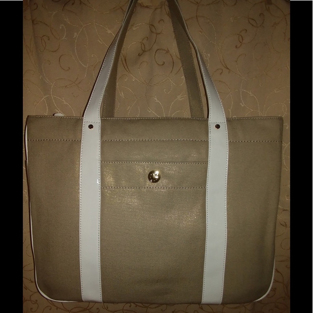 NWOT Metallic Khaki Camvas & Wht Patent Carry All