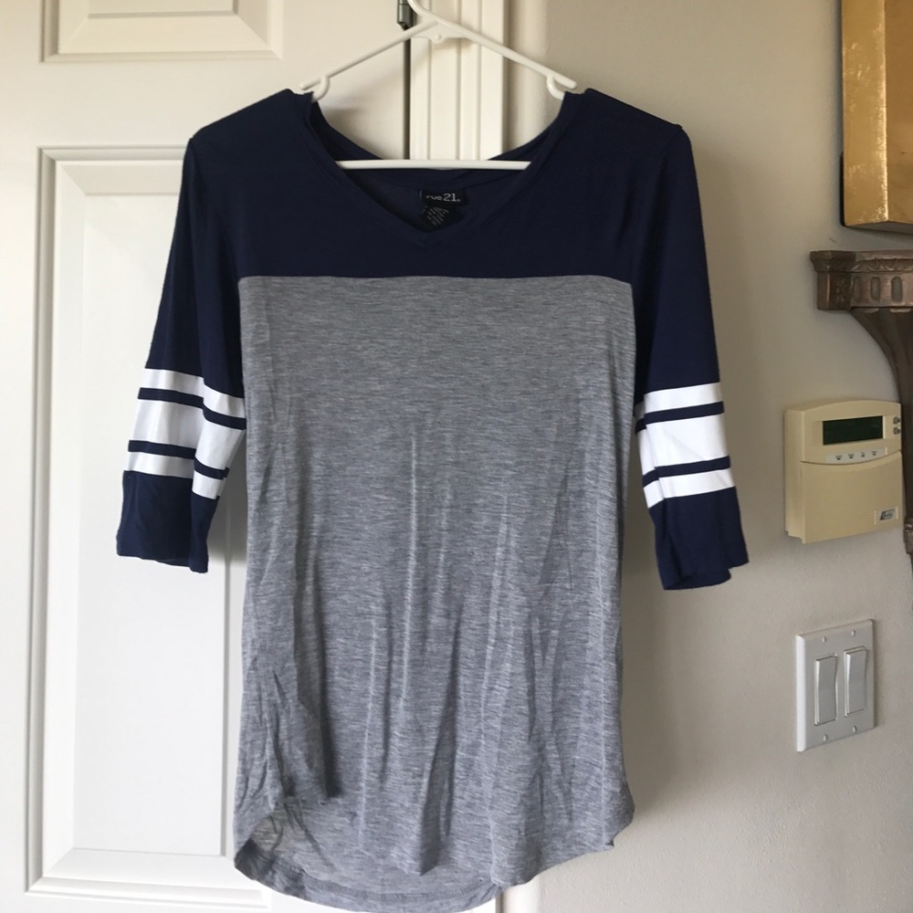 Blue and gray 3/4 sleeve vneck t-shirt