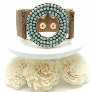 Bronze Leatherette Turquoise Beaded Snap Bracelet