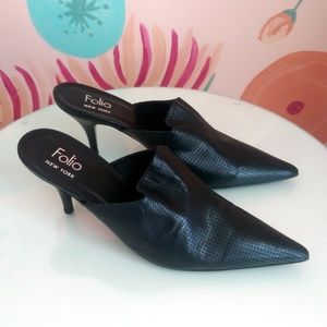 Black Leather FOLIO (SAKS 5TH AVE.) Mules Heels