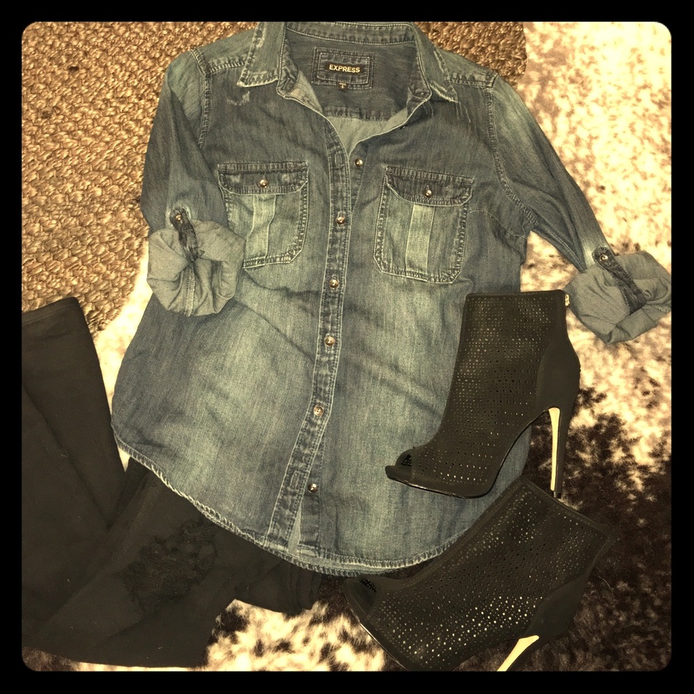 Express Distressed Denim Button Down