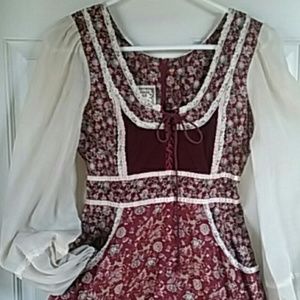 Gunne Sax Vintage 70"s  Maroon Calico Midi Dress