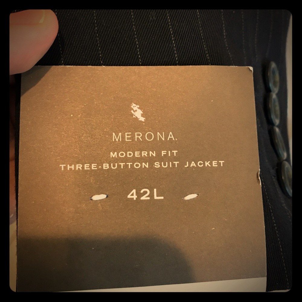 Navy blue pin stripe modern fit three-button suit