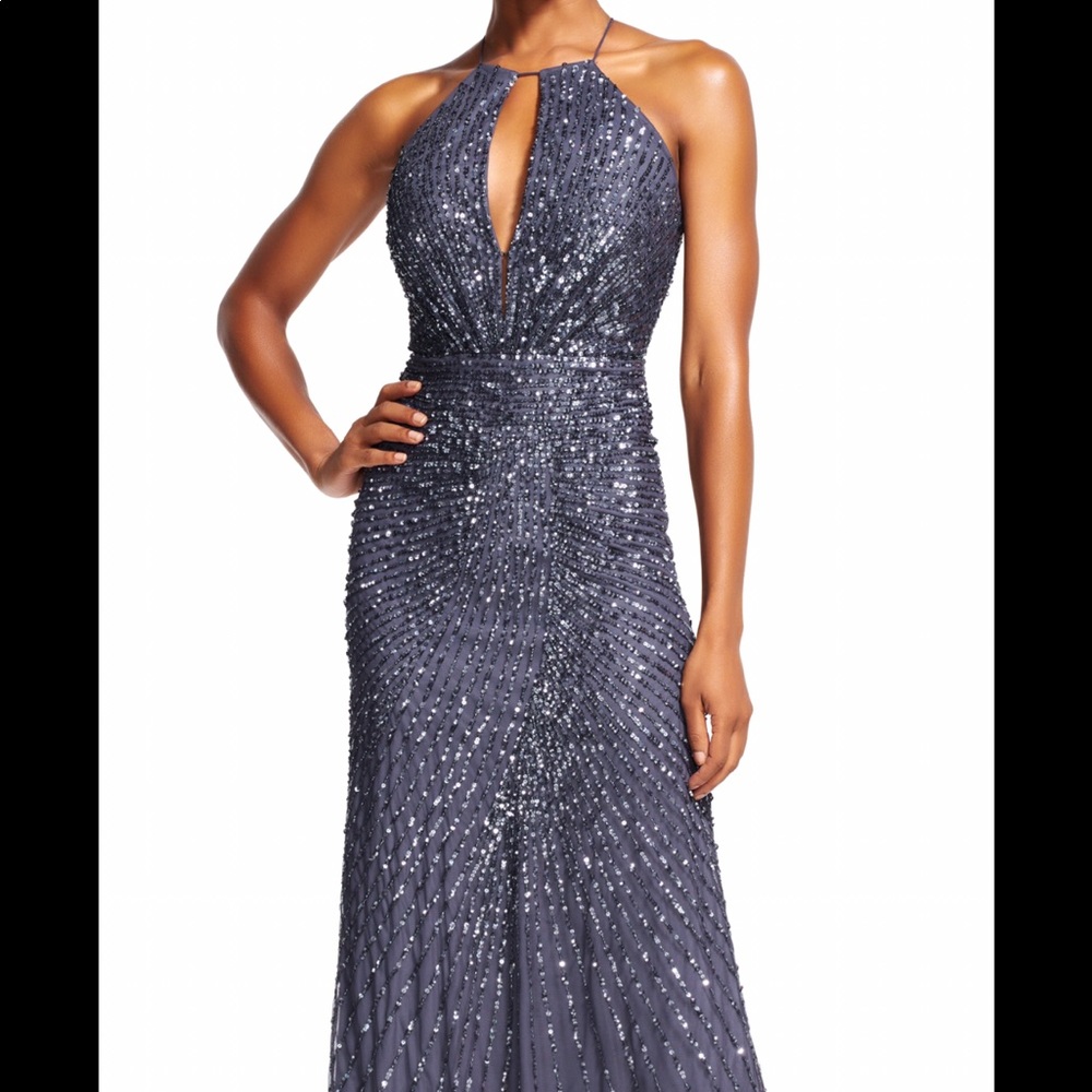 Adianna Papell Gray Halter Beaded Gown Size 4