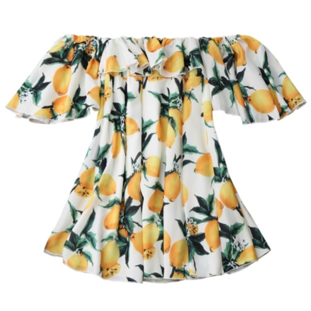 White off the shoulder lemon print dress
