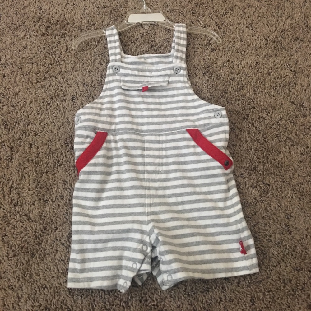 Romper overalls grey and white striped with red