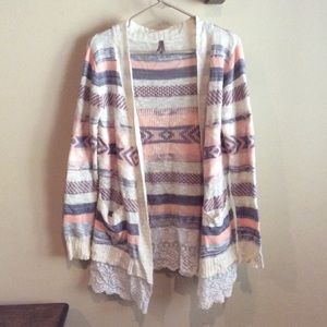 Aztec with lace bottom cardigan sweater