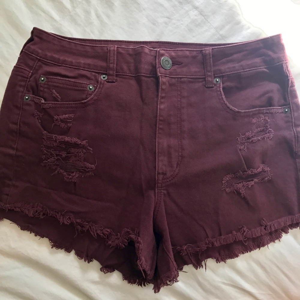 American Eagle High-Waisted maroon denim shorts