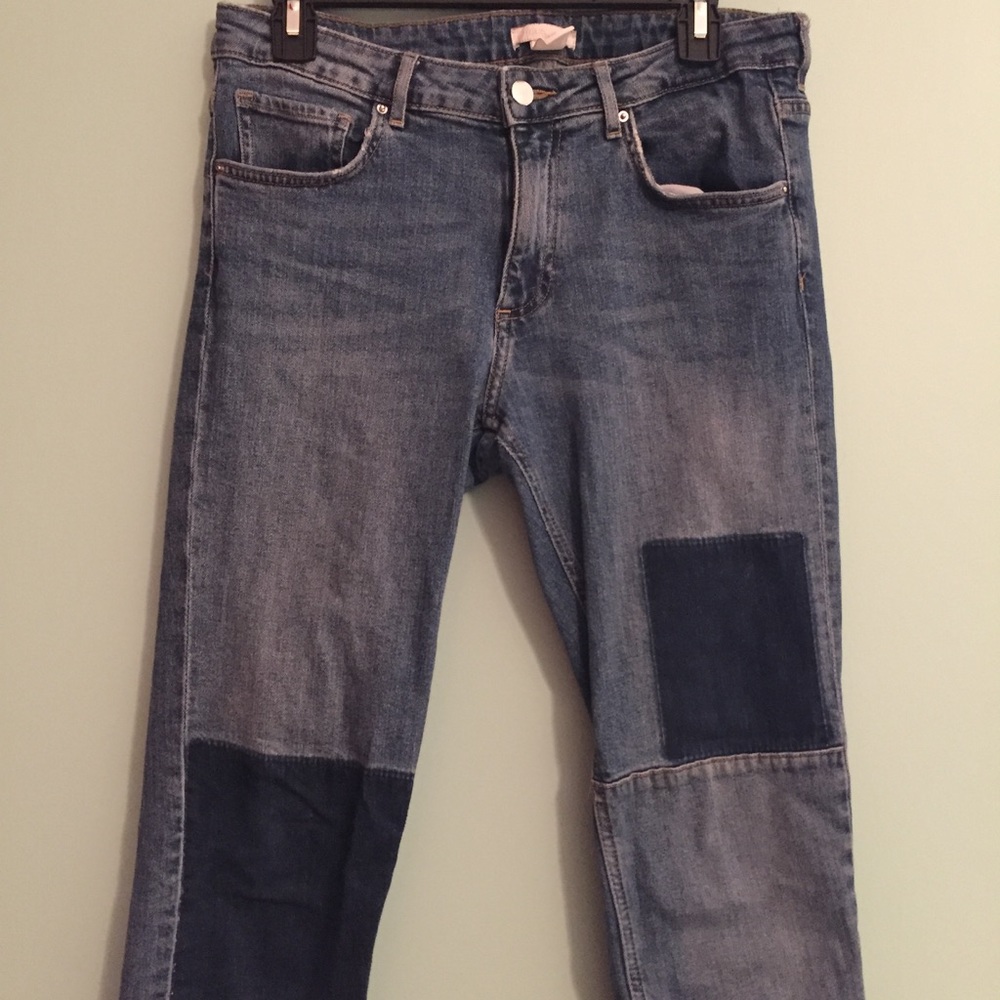 Patchwork denim with distressed hem