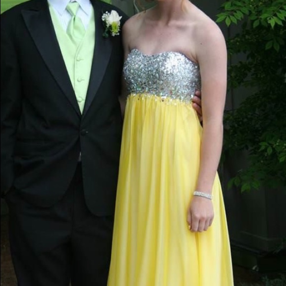 La femme yellow strapless beaded long prom dress