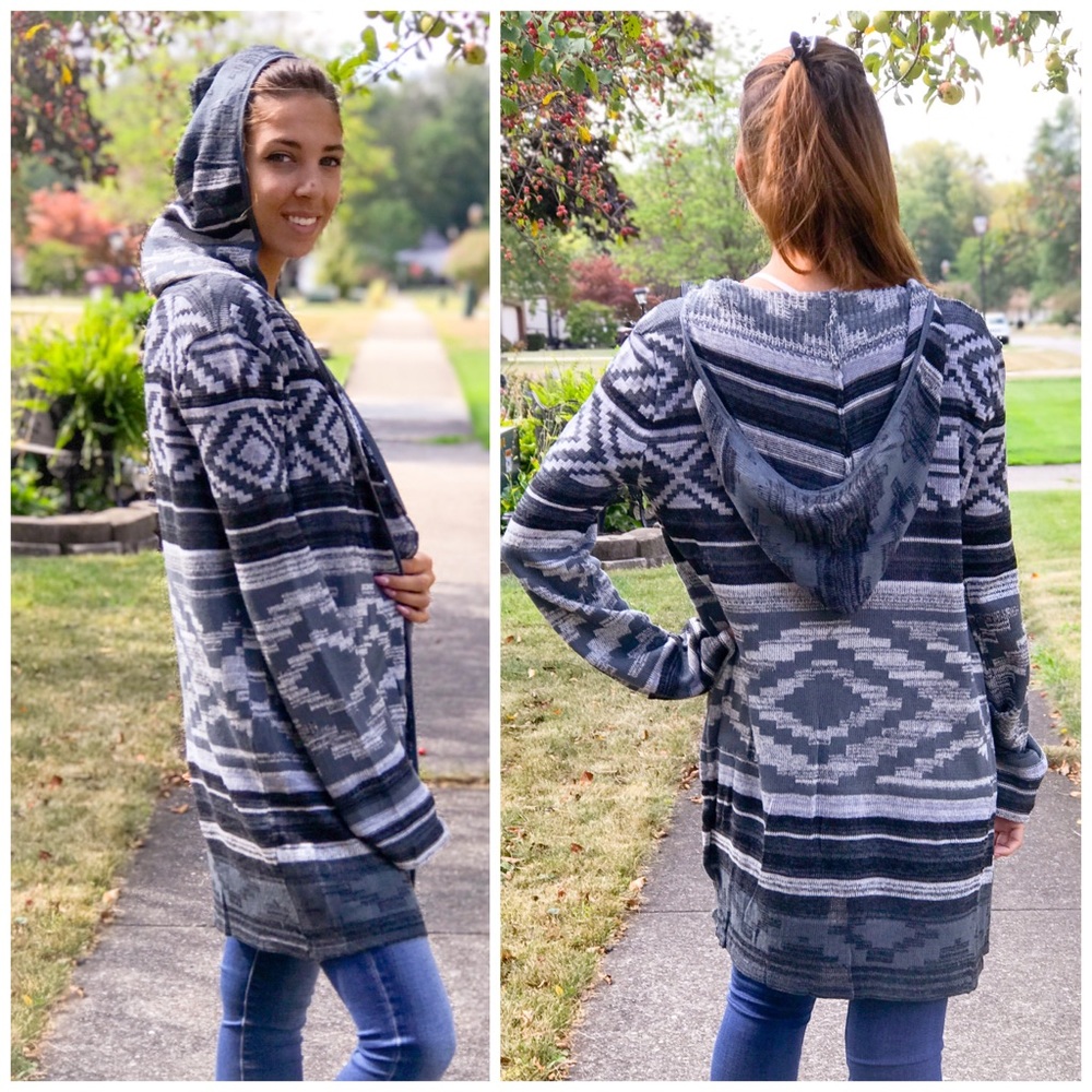 Aztec Open Cardigan Hooded Knit Sweater - Picture 2 of 3